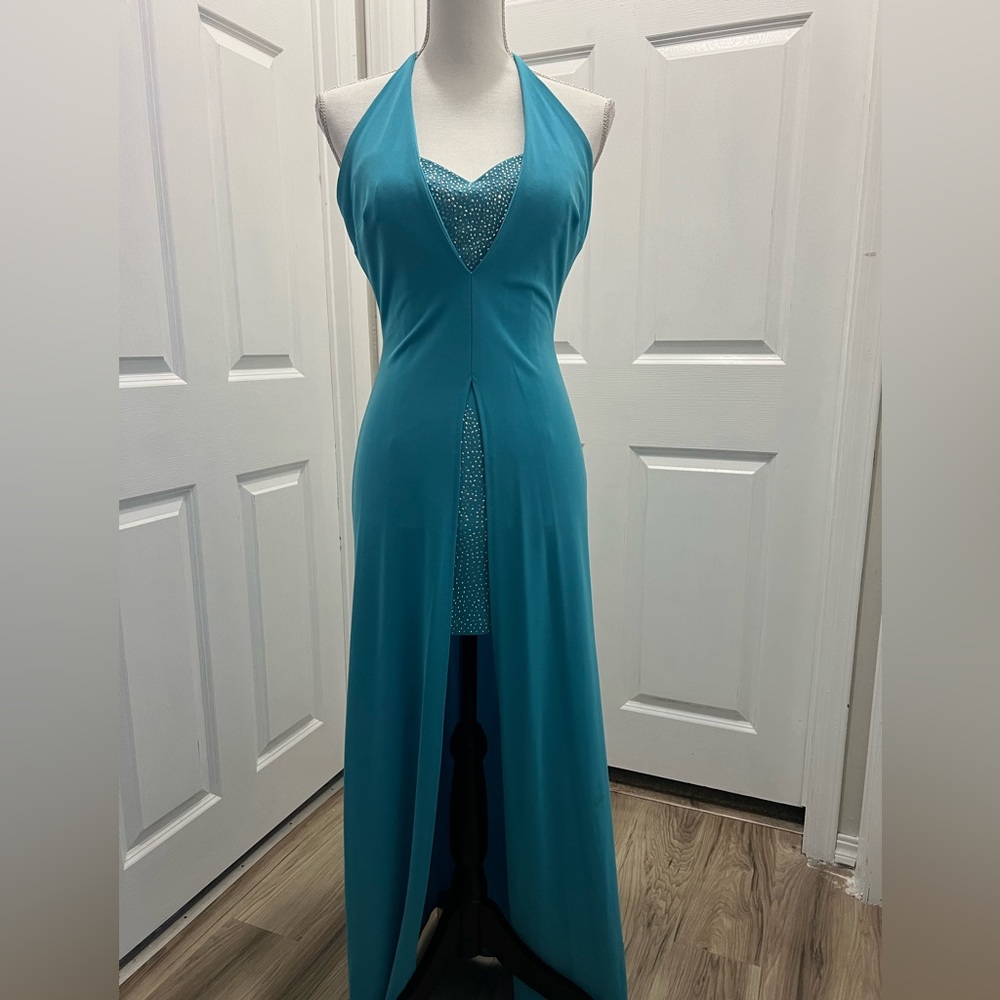 Vintage Y2K Caché Teal Plunging Halter High-Low Overlay Prom Gown XS